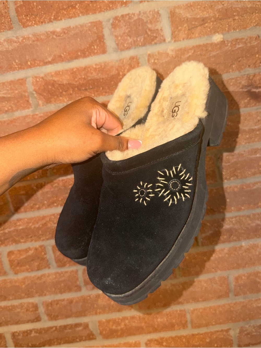 UGG Black Suede Shearling-Lined Clog with Embroidered Sunburst